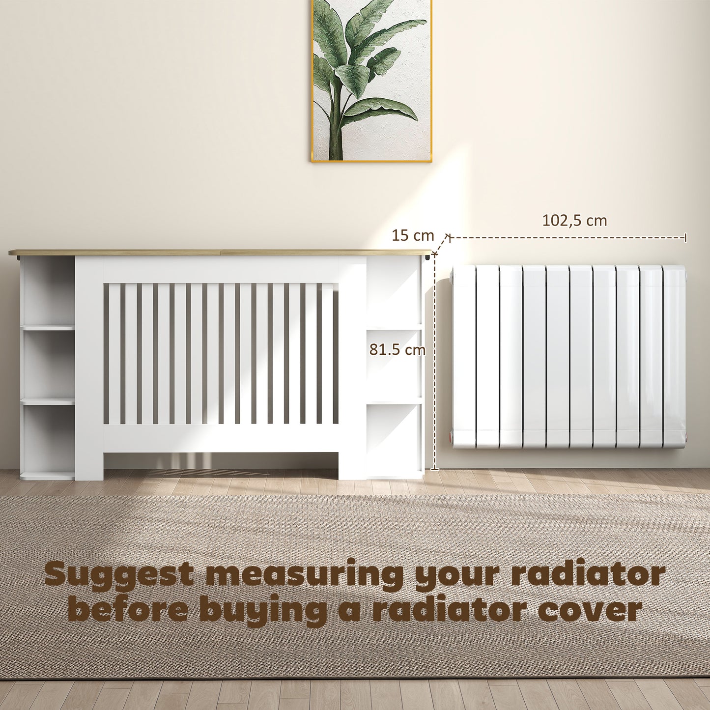 HOMCOM Radiator Cover with Open Storage Shelves, Vertical Slatted Cabinet Shelf Heater Cover for Living Room, Hallway, Large, White (H: 83 / W: 152 / D: 19 cm)