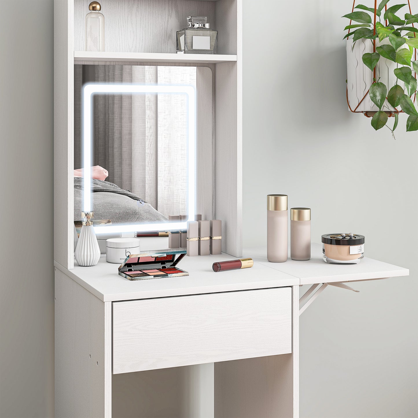 HOMCOM Small Vanity Desk with Mirror and LED Lights, Compact Dressing Table with Drop Leaf, Open Shelves and Drawer, White