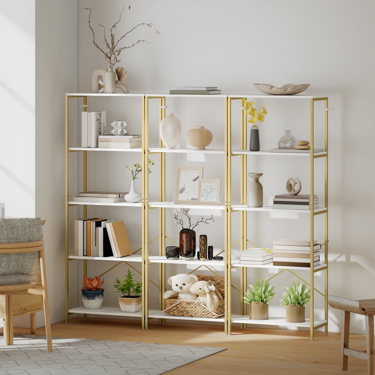HOMCOM 5-Tier Bookshelf, Modern Bookcase with Metal Frame - White and Gold Tone