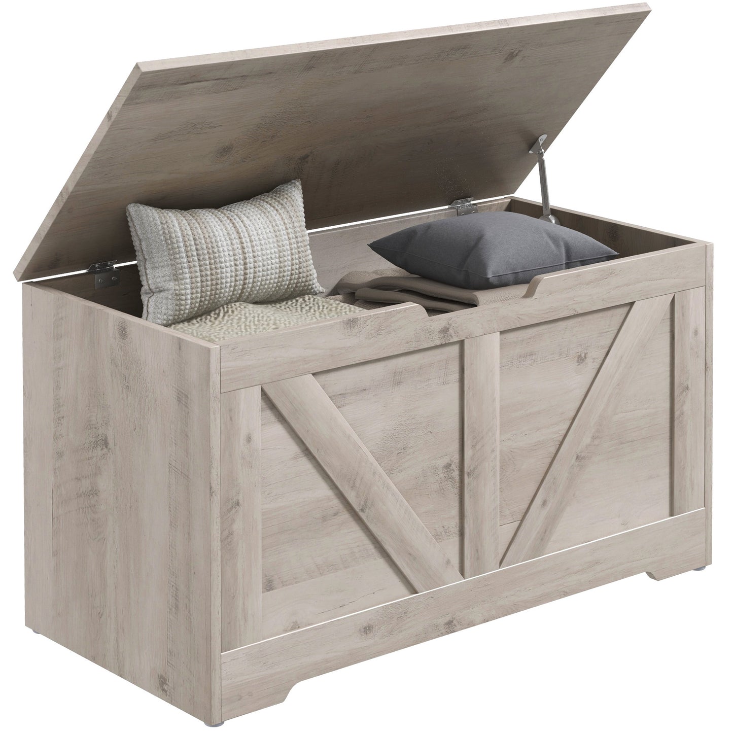 HOMCOM 100L Home Storage Box, with Safety Hinge - Grey Wood-Effect