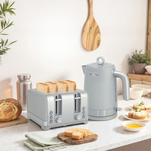 HOMCOM Sleek Textured Kettle and Four-Slice Toaster Set - Grey