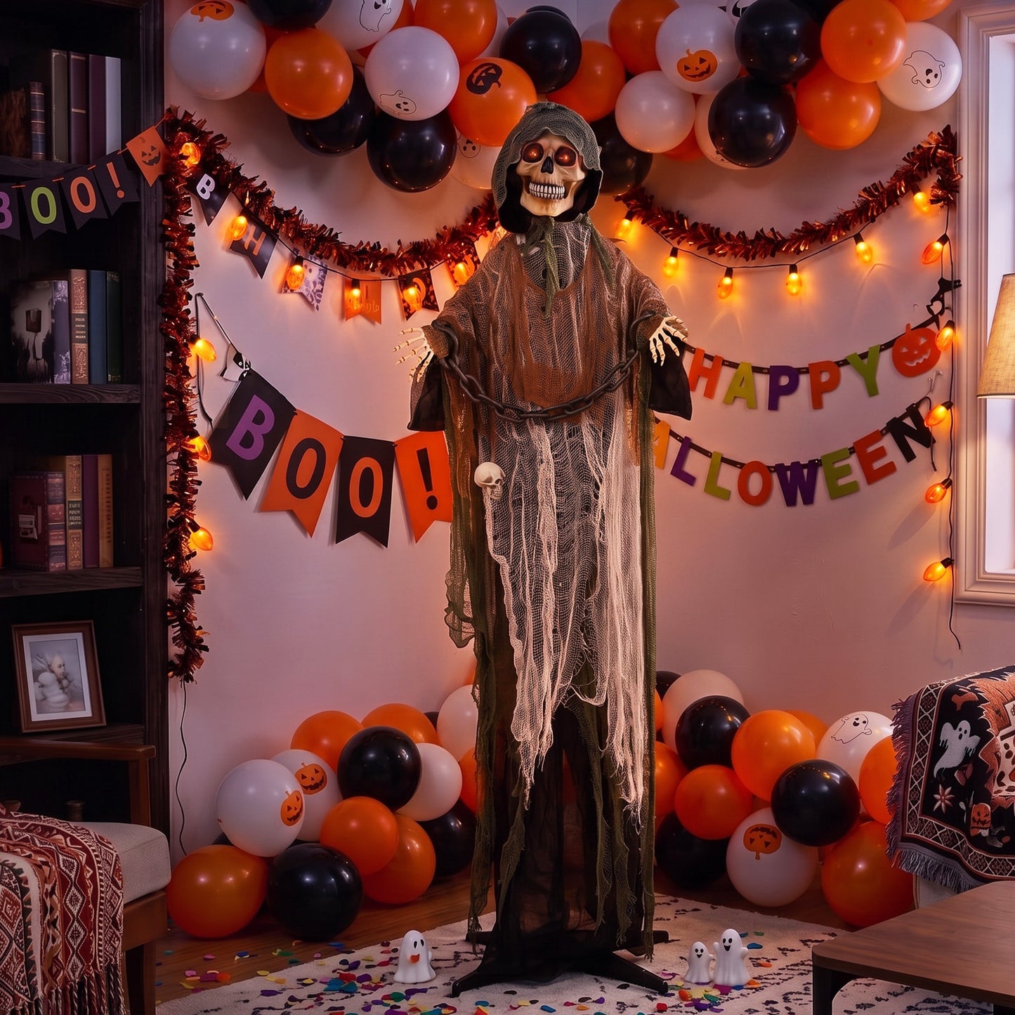 HOMCOM 170cm Animated Grim Reaper, Life-Size Halloween Animatronic with Moving Hands/Head, Glowing Eyes, Creepy Sound