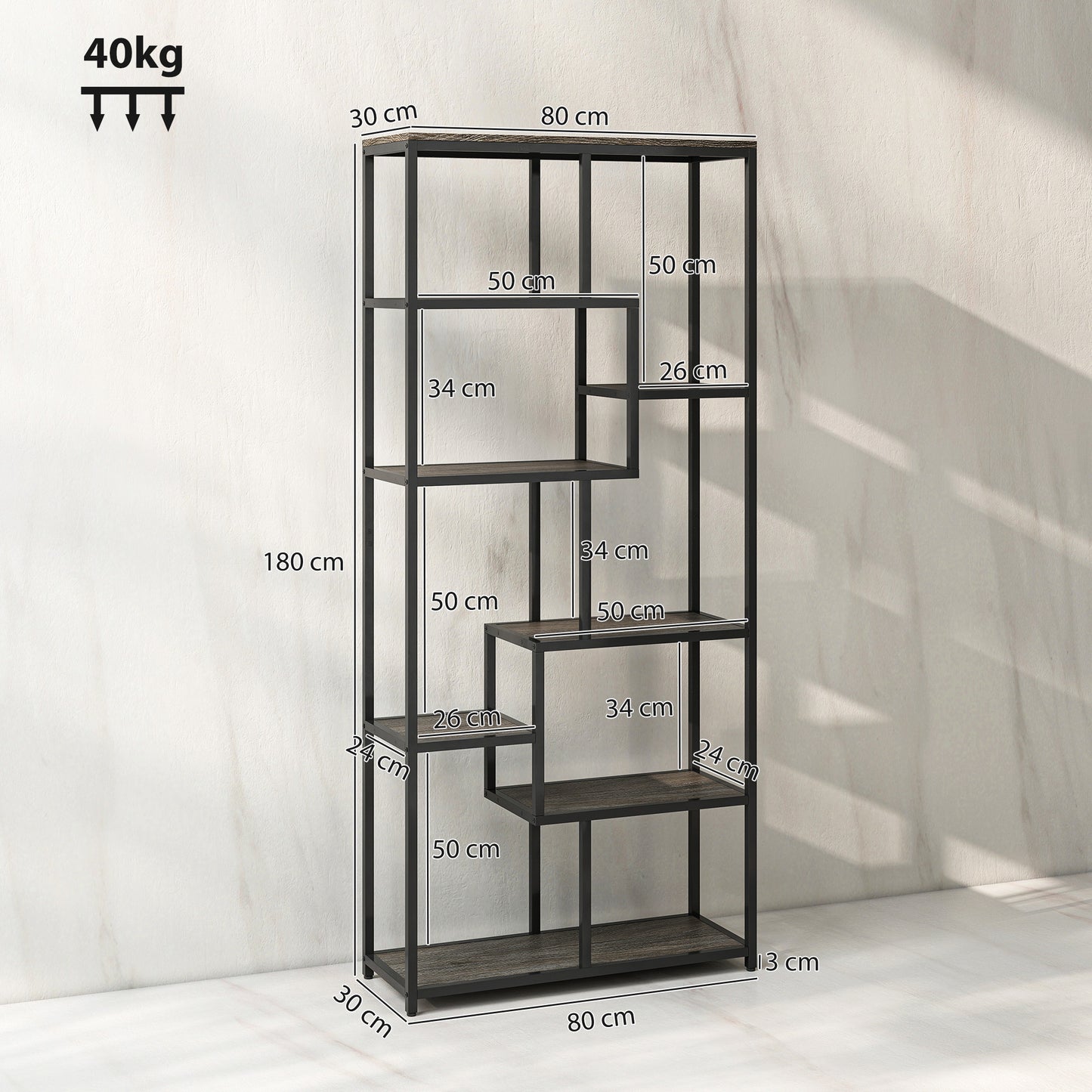 HOMCOM Seven-Tier Geometric Bookcase - Grey/Black