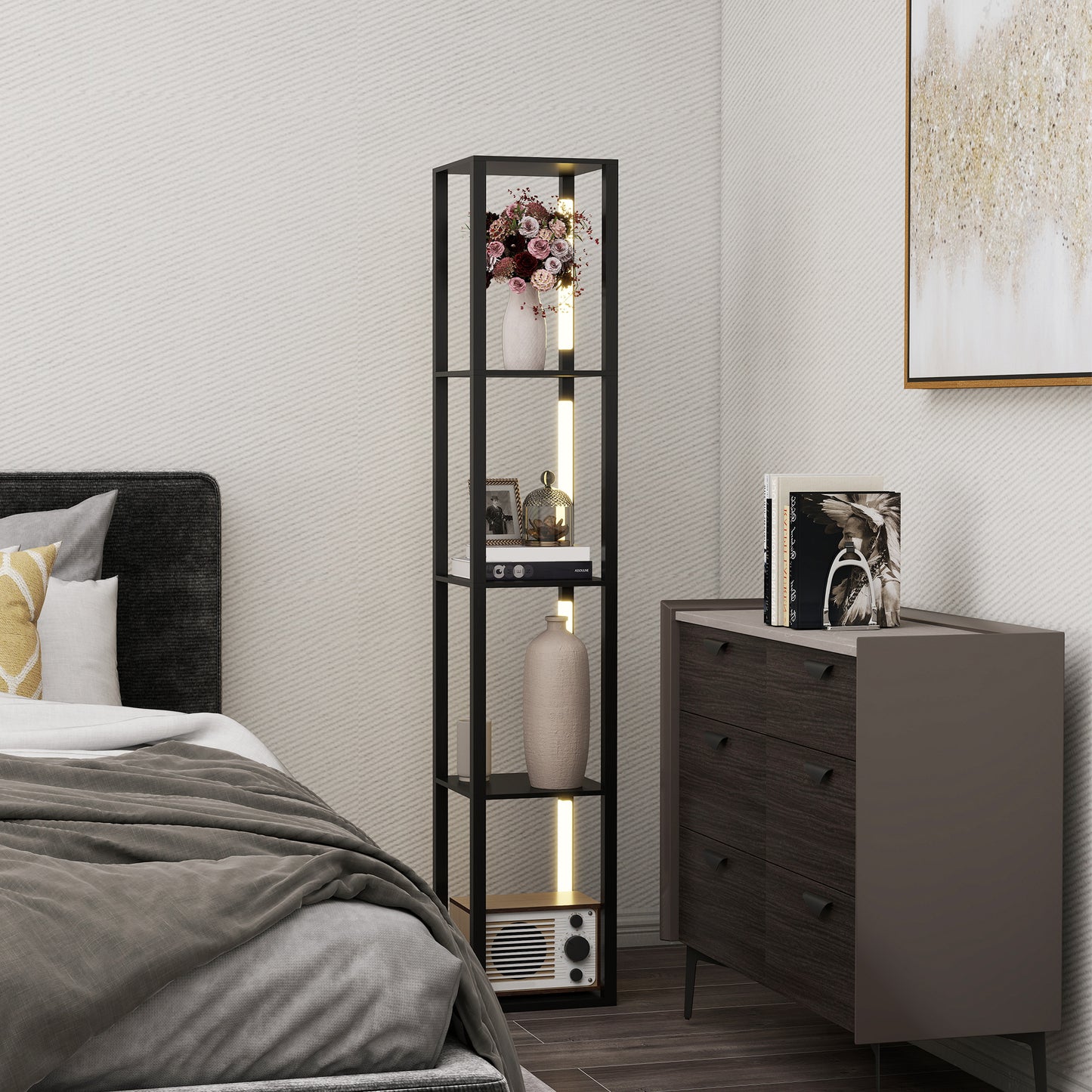 HOMCOM LED Floor Lamp with Shelves, Modern Dimmable Standing Lamp with 3 Brightness Levels and Foot Switch for Living Room, Bedroom, Office, Black