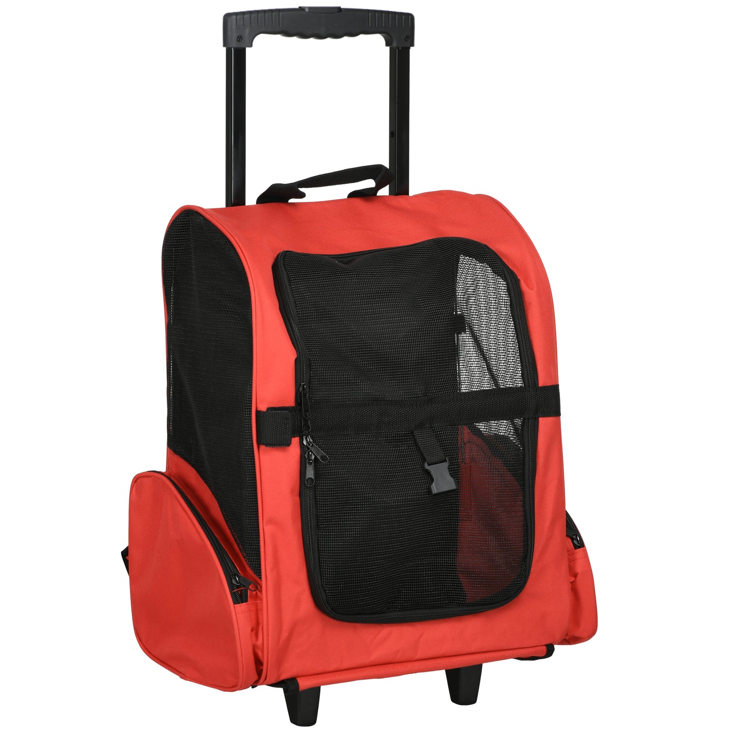 PawHut 2 in 1 Dog Backpack and Trolley, Pet Travel Backpack Cat Dog Carrier with Telescopic Handle, Portable Pet Stroller Wheel Luggage Bag (Red)