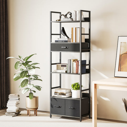 HOMCOM Industrial Style Bookcase, with 4 Shelves and 3 Fabric Drawers - Grey/Black