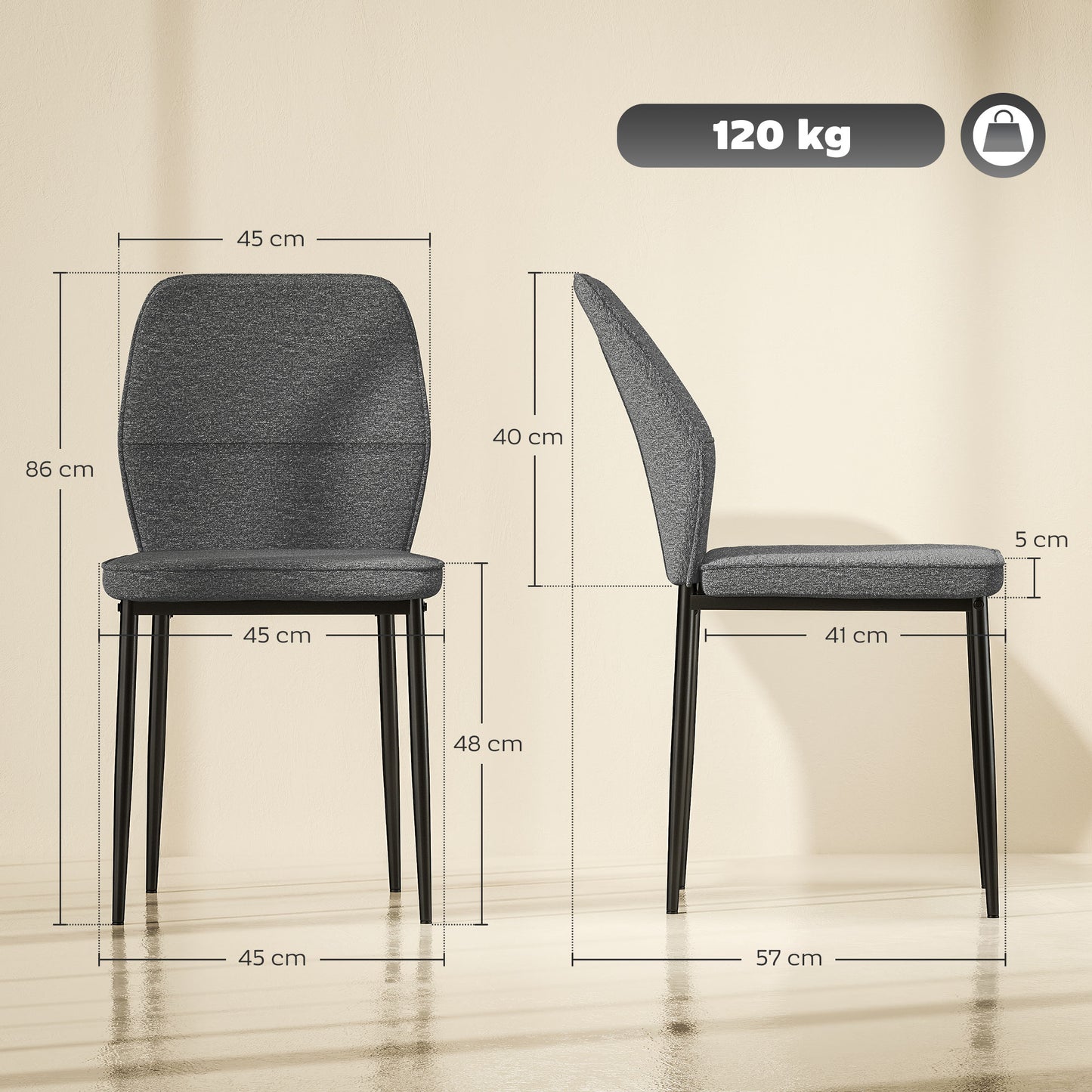 HOMCOM Velvet Dining Chairs Set of 2, Modern Armless Upholstered Kitchen Chairs with Metal Legs, Curved Back and Padded Seat, for Dining Room, Bedroom, Living Room, Grey