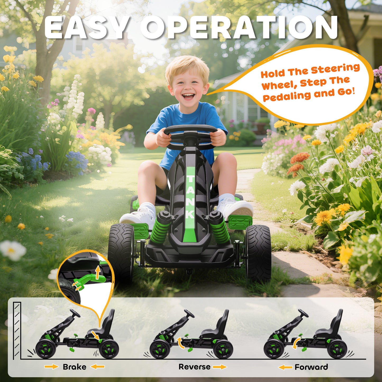 AIYAPLAY Pedal Go Kart for Kids Aged 3-6 Years, with Freewheel System, Brake, EVA Anti-Slip Wheels, Green