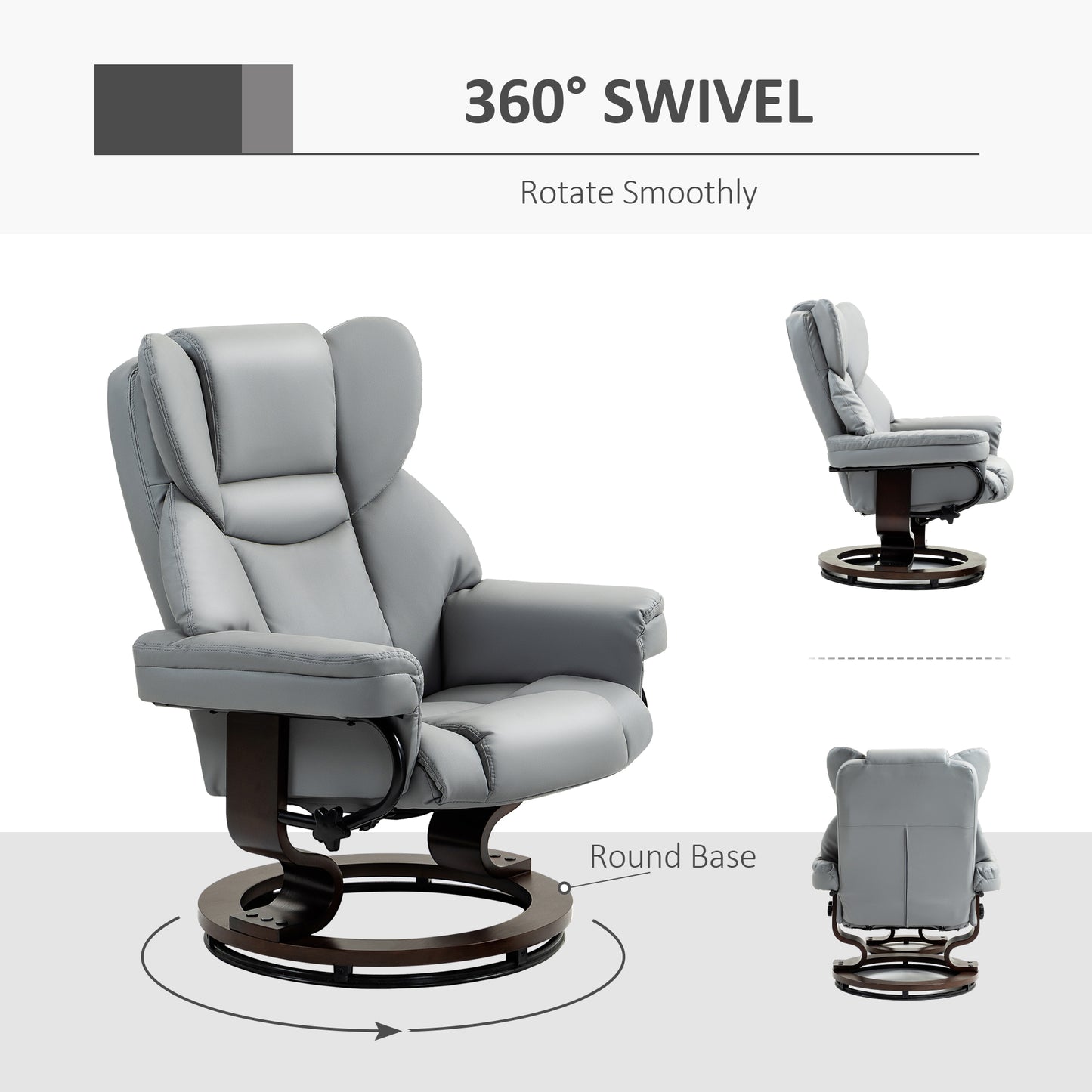 HOMCOM 360° Swivel Recliner Chair with Footstool, PU Leather Manual Recliner Armchair with Footstool, Solid Wood Base, Upholstered Reclining Chair for Living Room, Bedroom, Office, Light Grey