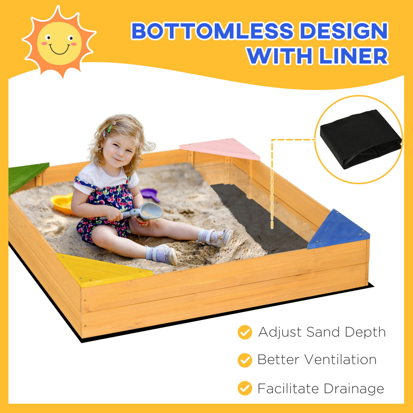 Kids Wooden Sand Pit, Children Sandbox, with Four Seats, Non-Woven Fabric, for Gardens, Playgrounds | Outsunny