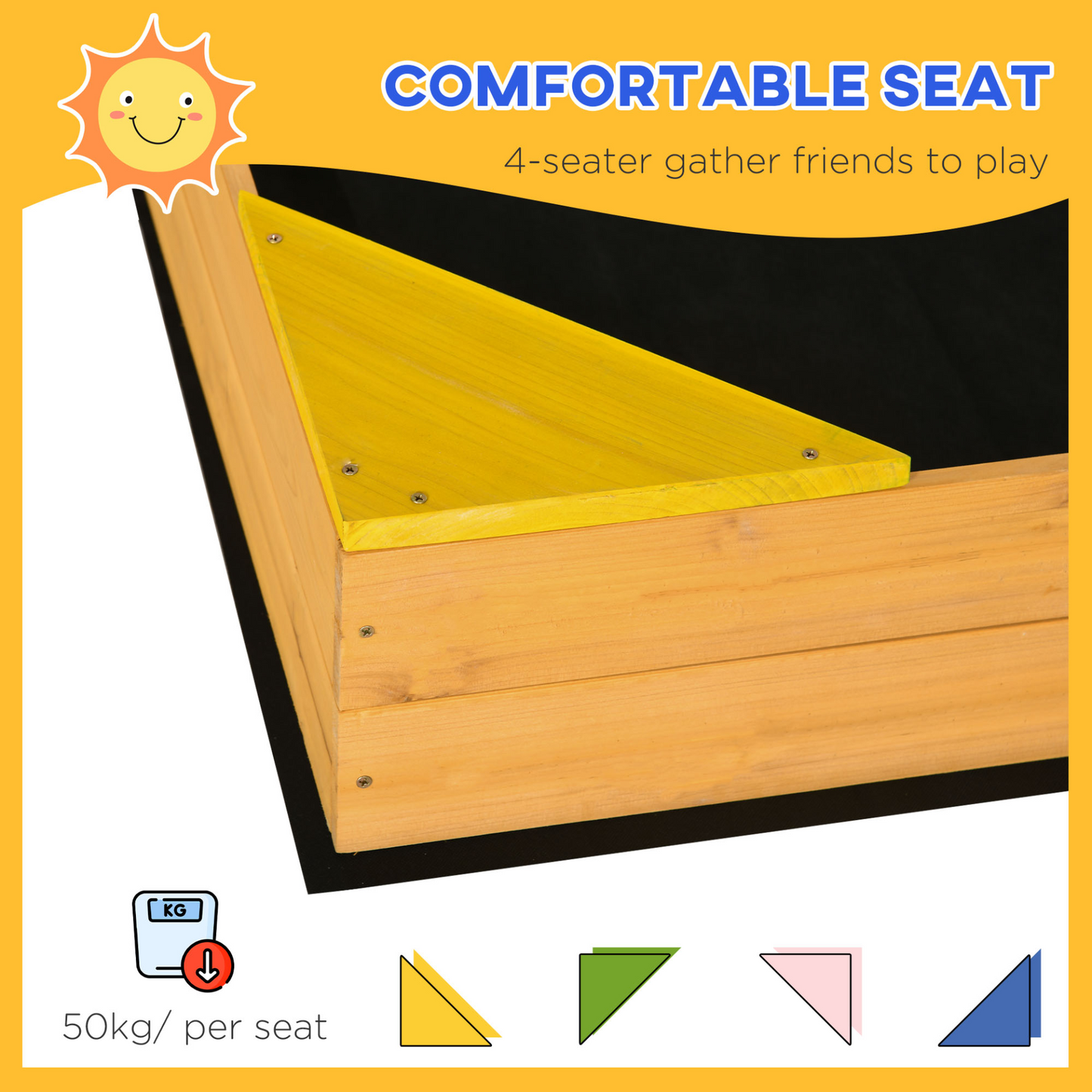 Kids Wooden Sand Pit, Children Sandbox, with Four Seats, Non-Woven Fabric, for Gardens, Playgrounds | Outsunny