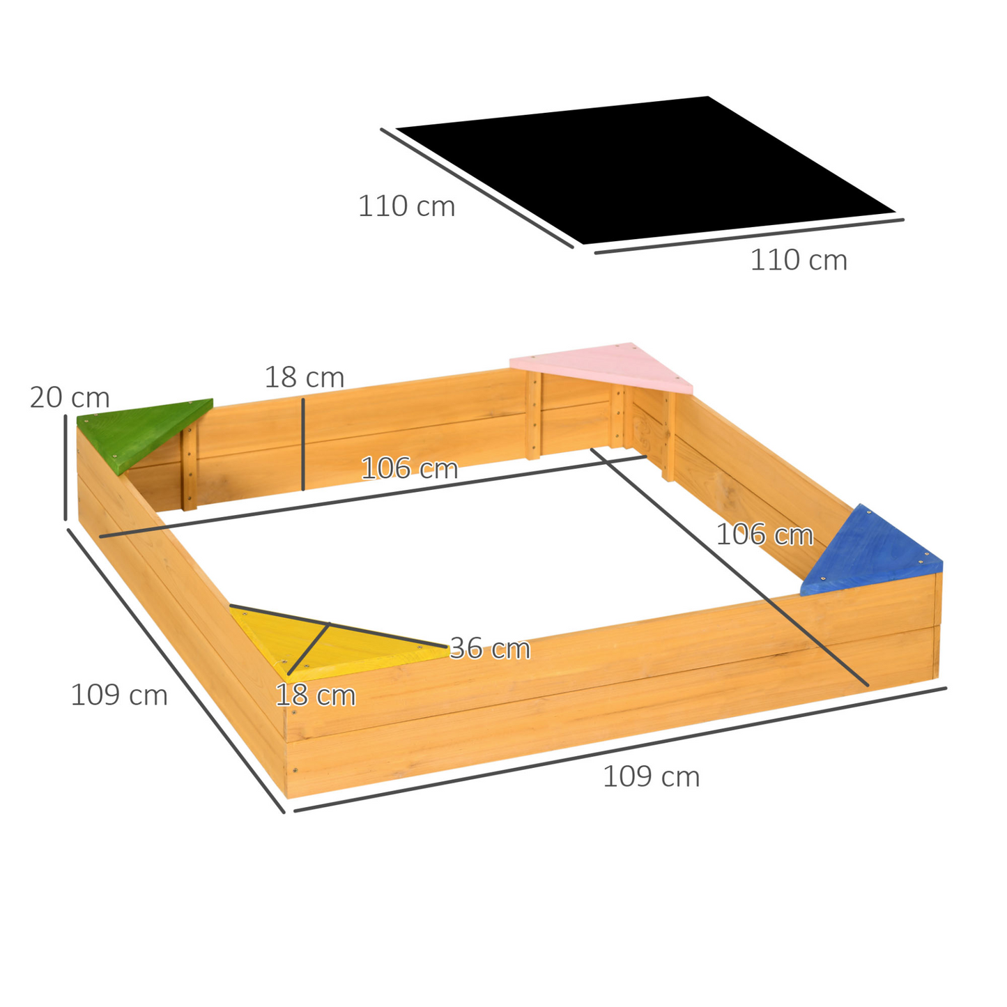 Kids Wooden Sand Pit, Children Sandbox, with Four Seats, Non-Woven Fabric, for Gardens, Playgrounds | Outsunny