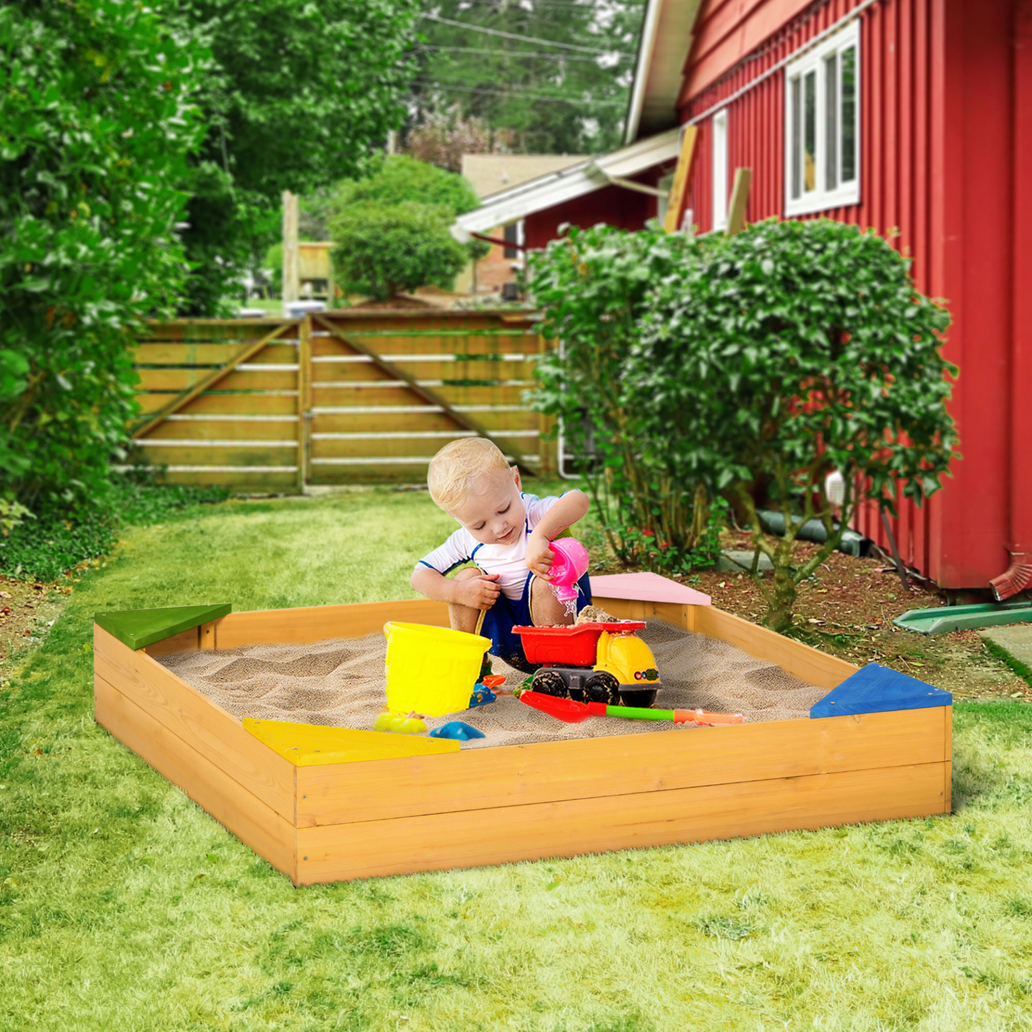 Kids Wooden Sand Pit, Children Sandbox, with Four Seats, Non-Woven Fabric, for Gardens, Playgrounds | Outsunny