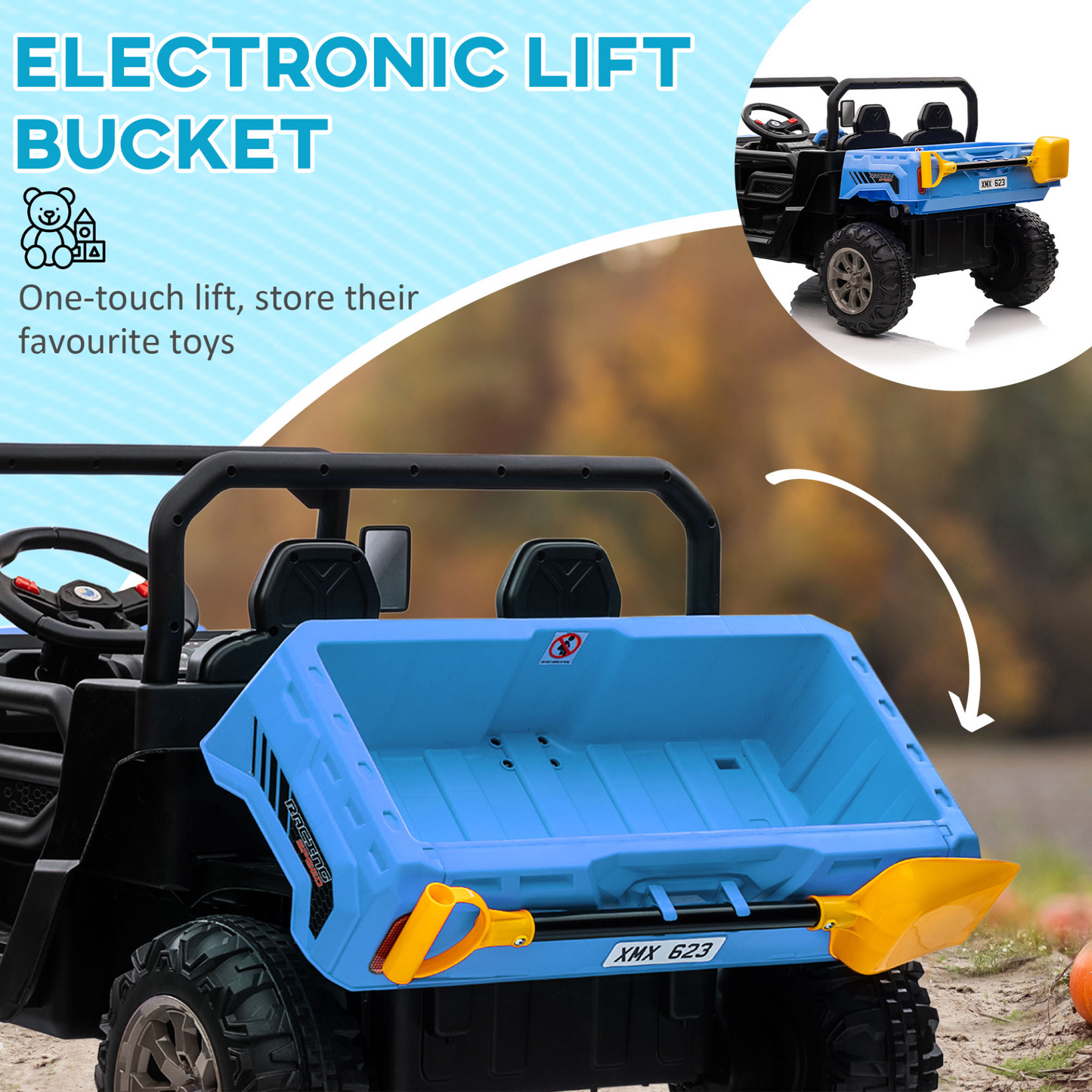 HOMCOM 12V Kids Electric Ride-On Car, with Electric Bucket, Remote Control with 2 Seats in Blue
