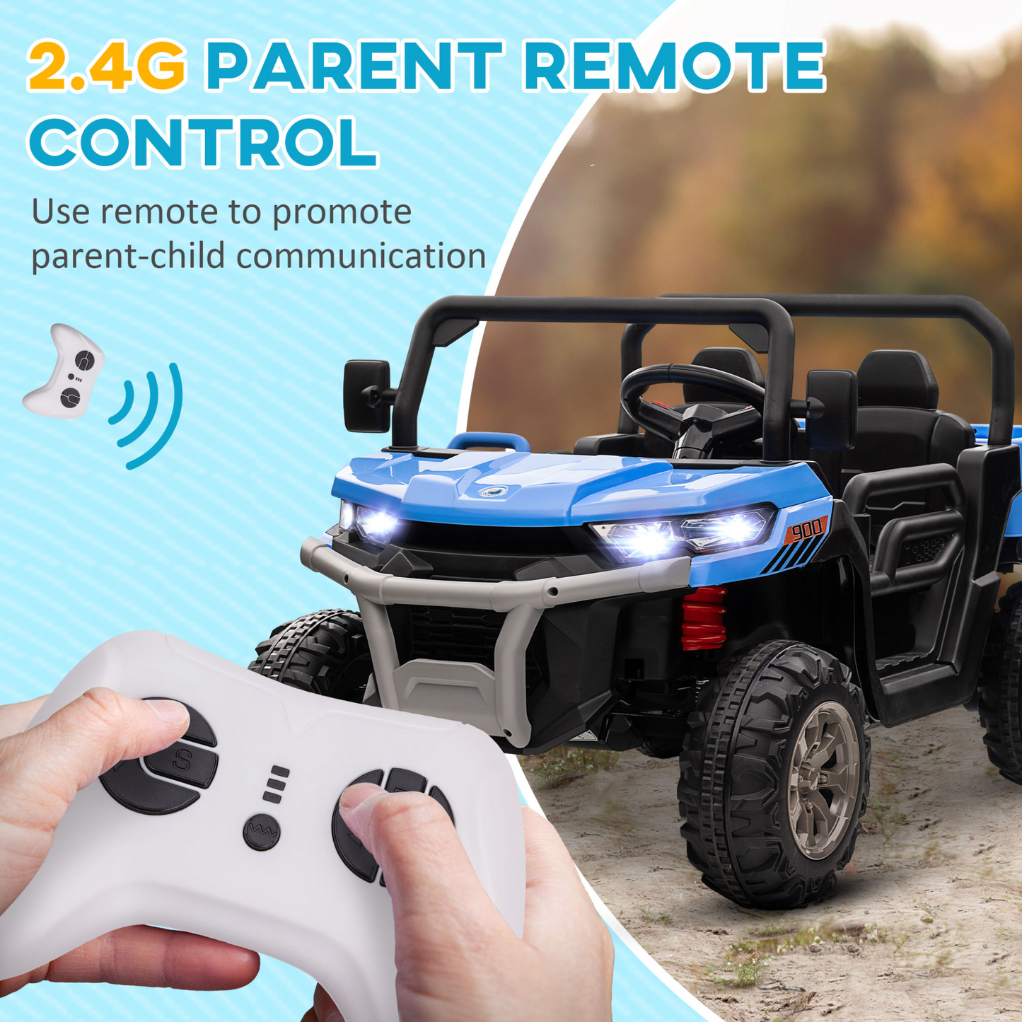 HOMCOM 12V Kids Electric Ride-On Car, with Electric Bucket, Remote Control with 2 Seats in Blue