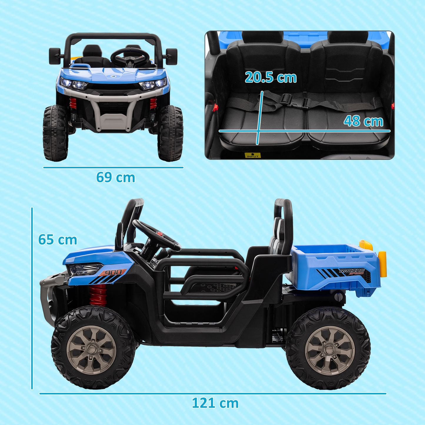 HOMCOM 12V Kids Electric Ride-On Car, with Electric Bucket, Remote Control with 2 Seats in Blue