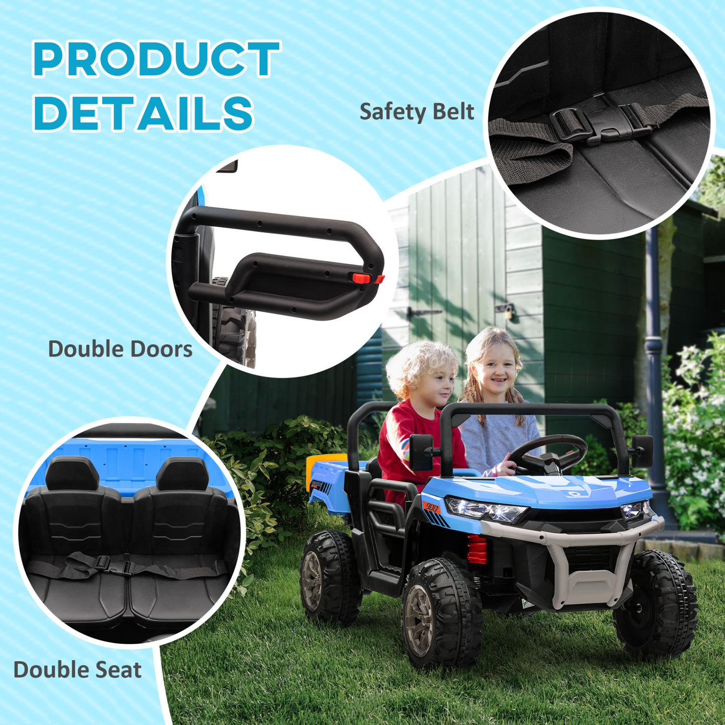HOMCOM 12V Kids Electric Ride-On Car, with Electric Bucket, Remote Control with 2 Seats in Blue