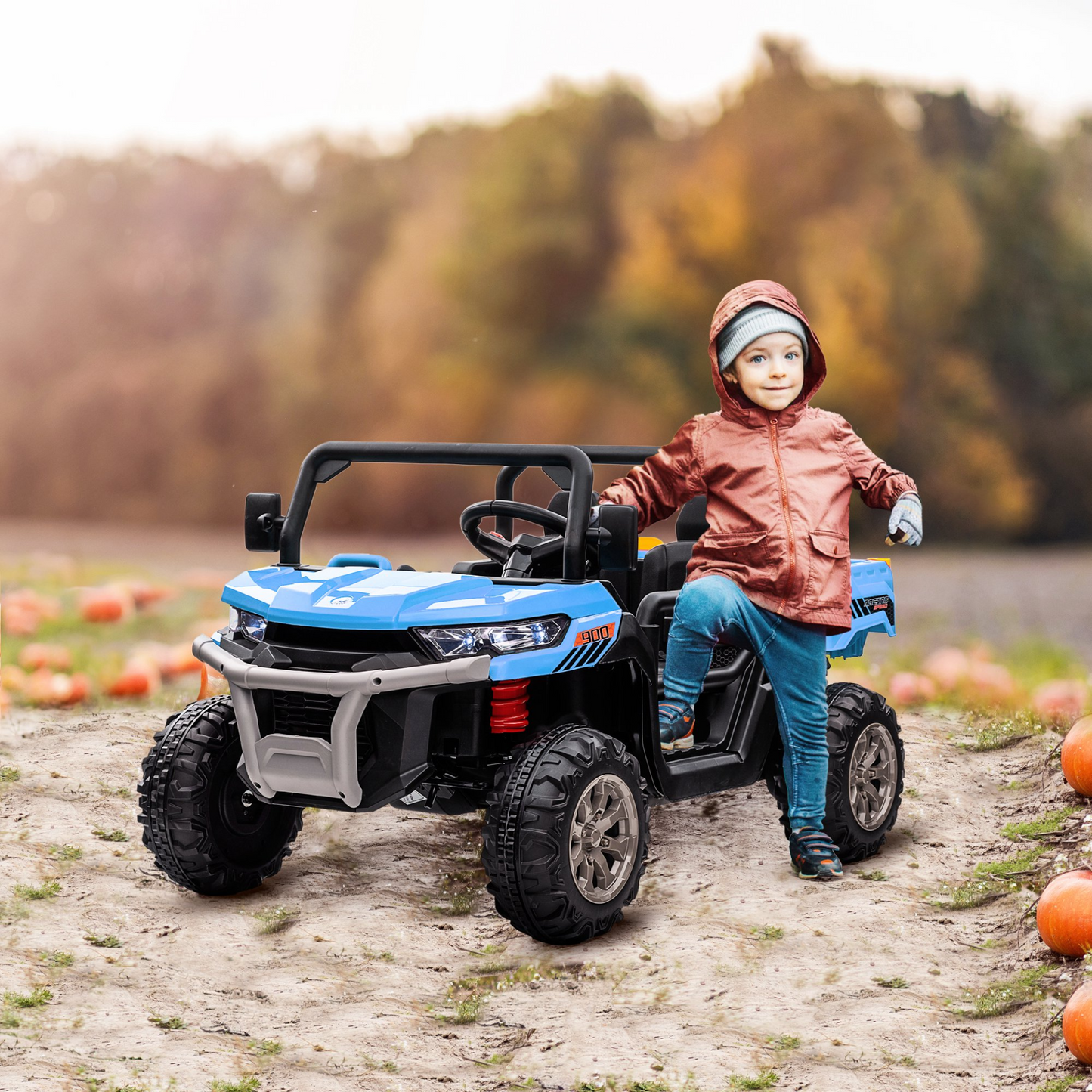 HOMCOM 12V Kids Electric Ride-On Car, with Electric Bucket, Remote Control with 2 Seats in Blue