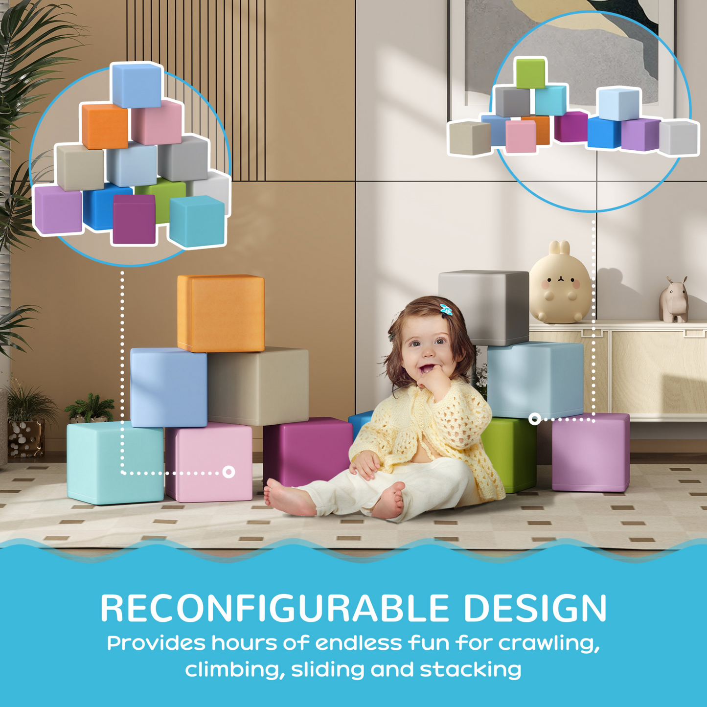 HOMCOM 12 PCs Soft Play Blocks, Soft Foam Toy, Building and Stacking Blocks for Kids, Multicoloured