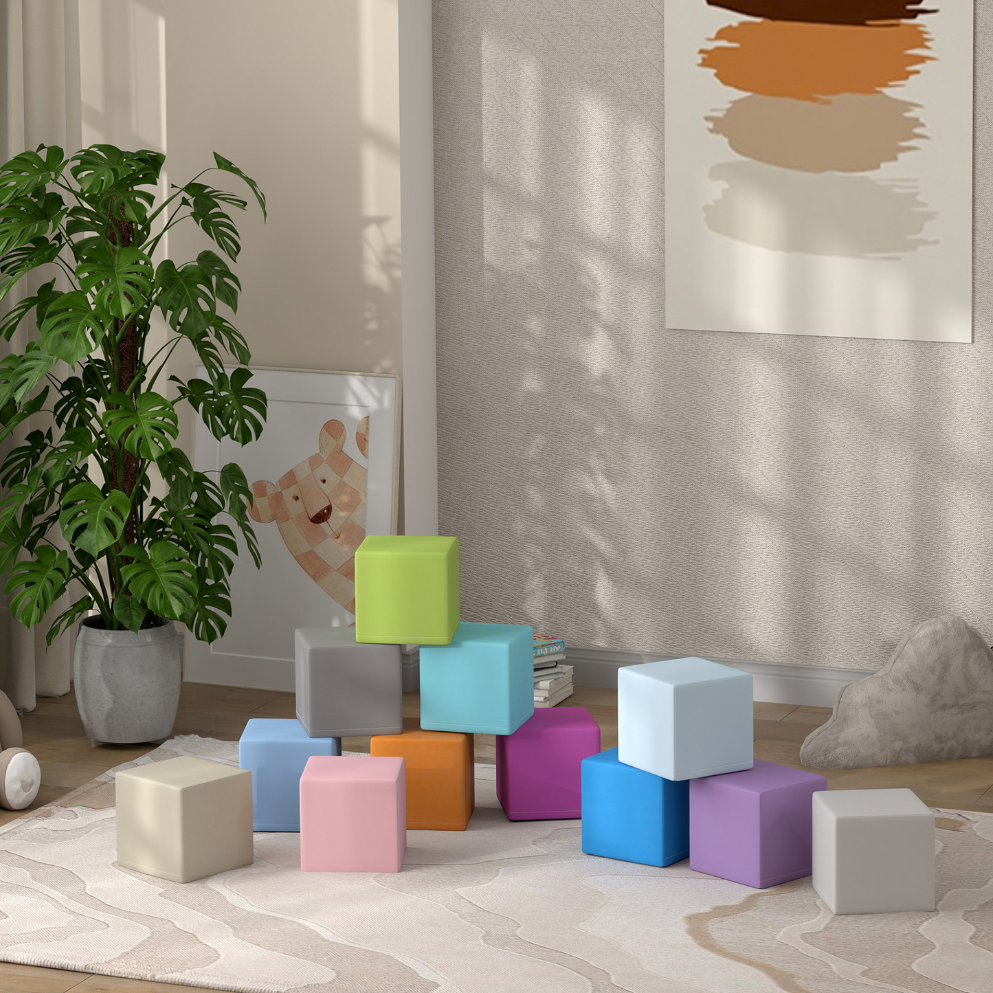 HOMCOM 12 PCs Soft Play Blocks, Soft Foam Toy, Building and Stacking Blocks for Kids, Multicoloured