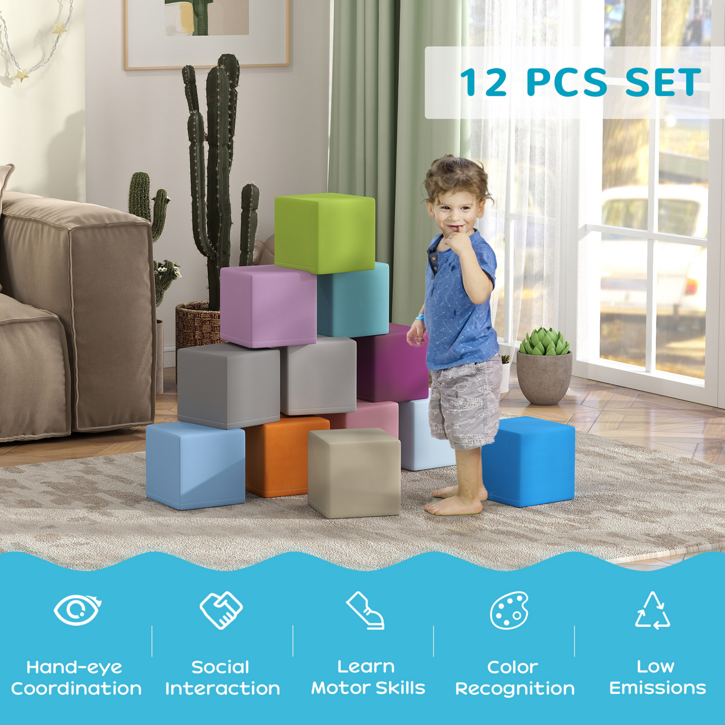 HOMCOM 12 PCs Soft Play Blocks, Soft Foam Toy, Building and Stacking Blocks for Kids, Multicoloured