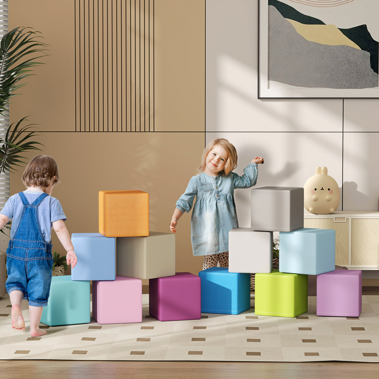 HOMCOM 12 PCs Soft Play Blocks, Soft Foam Toy, Building and Stacking Blocks for Kids, Multicoloured