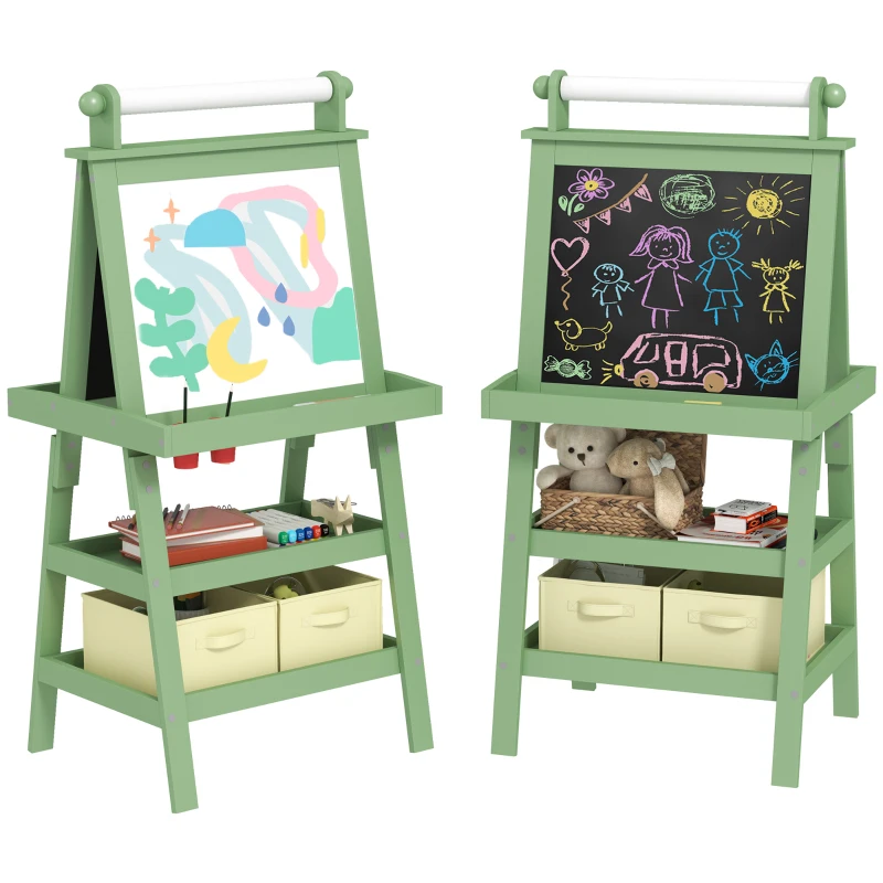 AIYAPLAY 3 in 1 Kids Easel Double-Sided Magnetic Whiteboard and Chalkboard with Paper Roll, Storage Baskets in Green