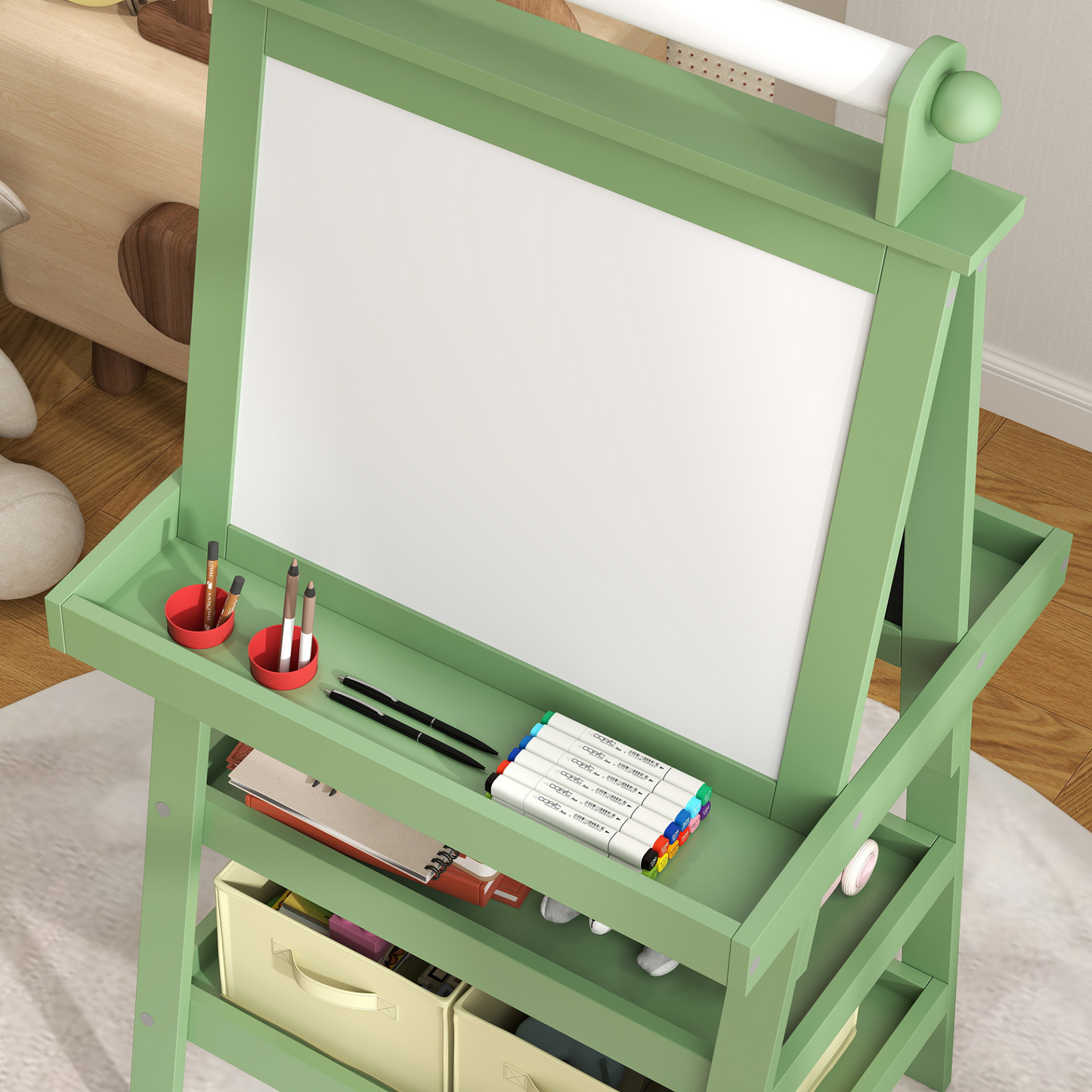 AIYAPLAY 3 in 1 Kids Easel Double-Sided Magnetic Whiteboard and Chalkboard with Paper Roll, Storage Baskets in Green