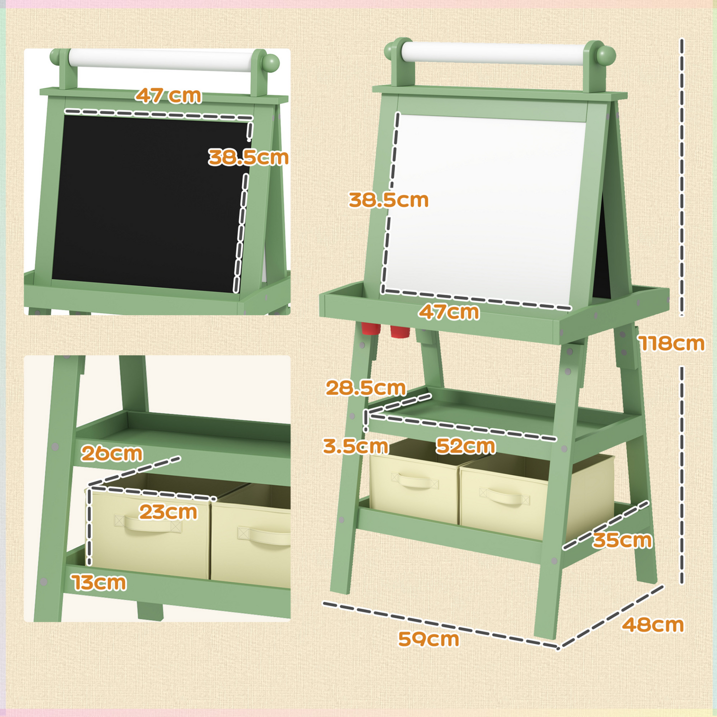 AIYAPLAY 3 in 1 Kids Easel Double-Sided Magnetic Whiteboard and Chalkboard with Paper Roll, Storage Baskets in Green