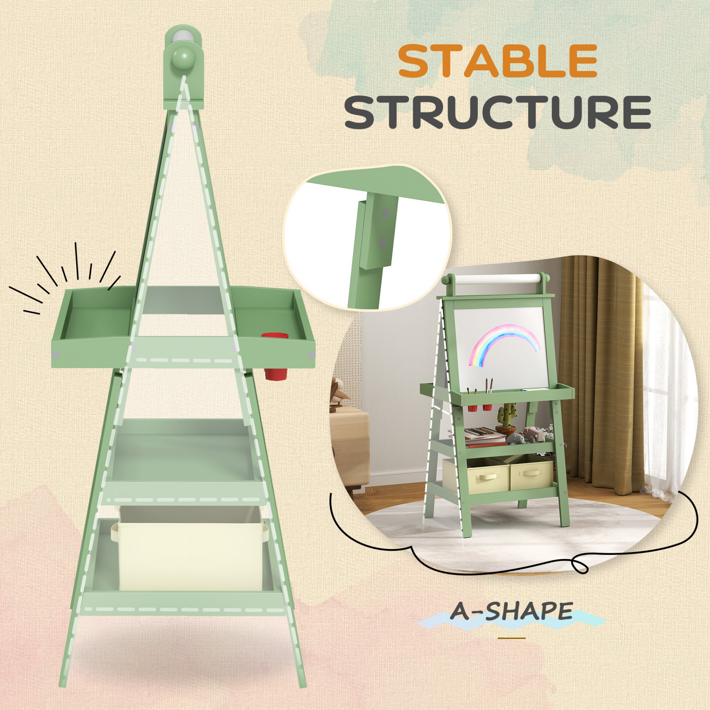 AIYAPLAY 3 in 1 Kids Easel Double-Sided Magnetic Whiteboard and Chalkboard with Paper Roll, Storage Baskets in Green