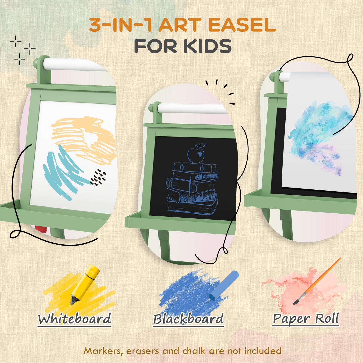 AIYAPLAY 3 in 1 Kids Easel Double-Sided Magnetic Whiteboard and Chalkboard with Paper Roll, Storage Baskets in Green