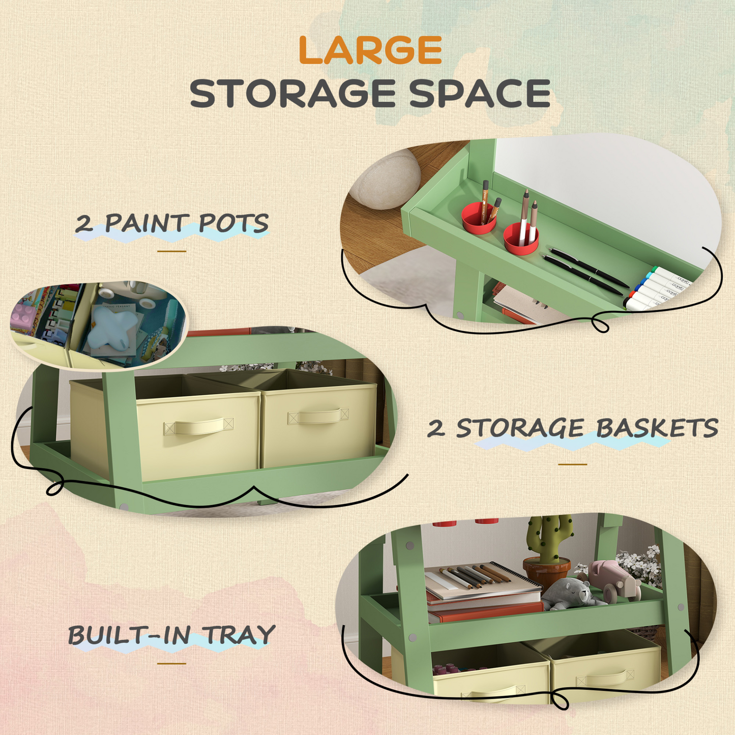 AIYAPLAY 3 in 1 Kids Easel Double-Sided Magnetic Whiteboard and Chalkboard with Paper Roll, Storage Baskets in Green