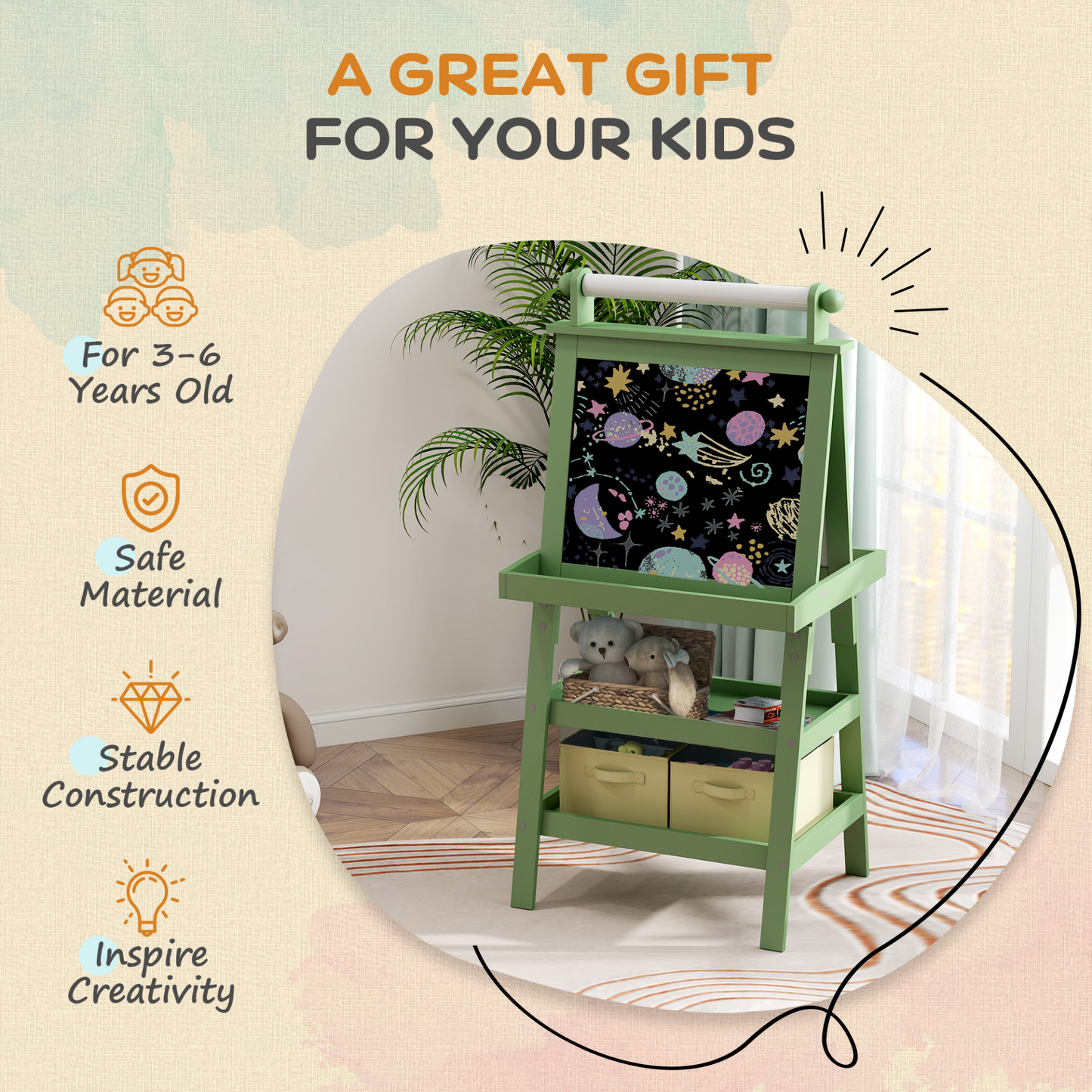 AIYAPLAY 3 in 1 Kids Easel Double-Sided Magnetic Whiteboard and Chalkboard with Paper Roll, Storage Baskets in Green