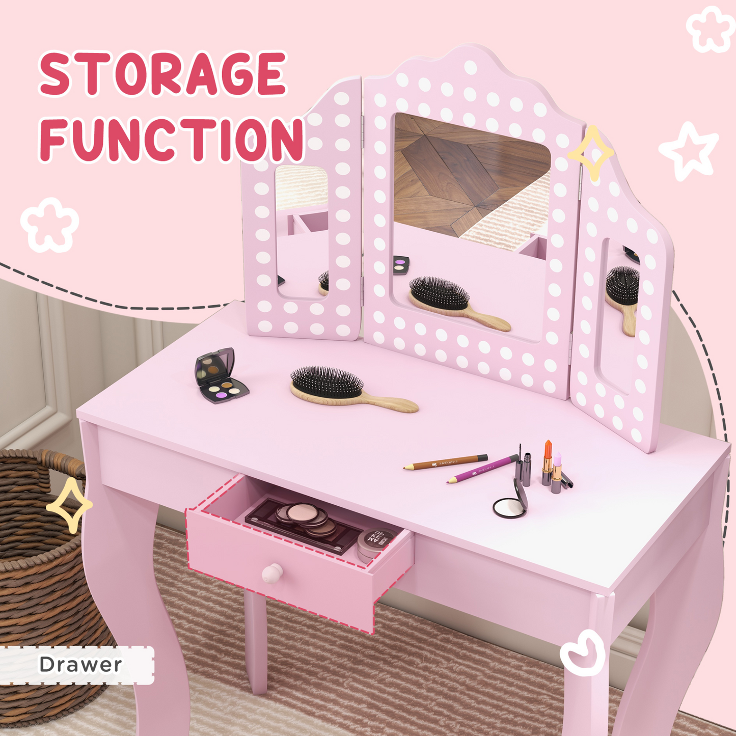 AIYAPLAY Kids Dressing Table Sets with Stool and Tri-Fold Mirror, Drawer for Playroom, Bedroom in Pink