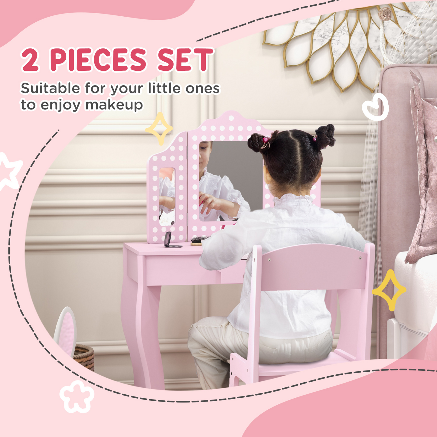AIYAPLAY Kids Dressing Table Sets with Stool and Tri-Fold Mirror, Drawer for Playroom, Bedroom in Pink