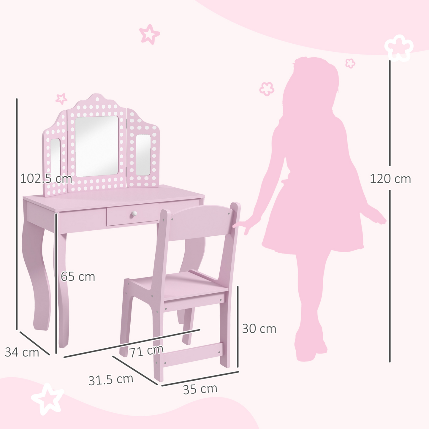 AIYAPLAY Kids Dressing Table Sets with Stool and Tri-Fold Mirror, Drawer for Playroom, Bedroom in Pink