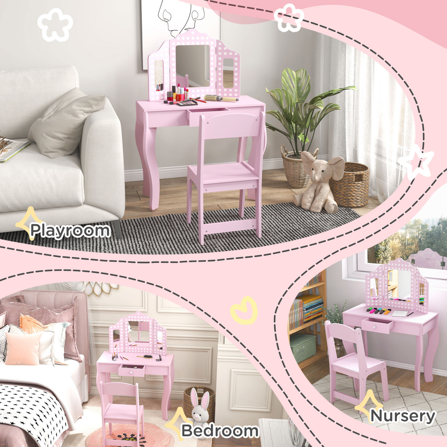 AIYAPLAY Kids Dressing Table Sets with Stool and Tri-Fold Mirror, Drawer for Playroom, Bedroom in Pink