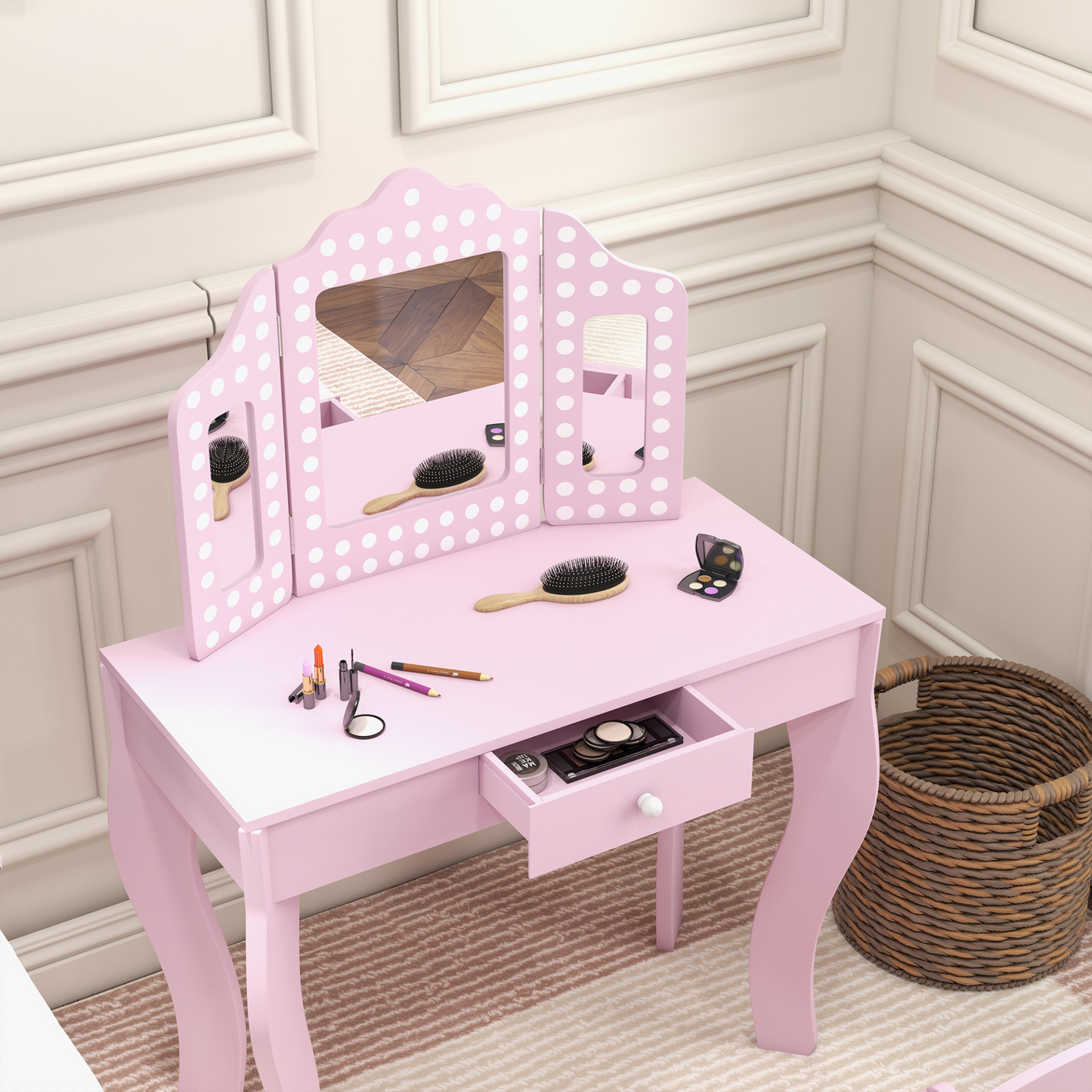 AIYAPLAY Kids Dressing Table Sets with Stool and Tri-Fold Mirror, Drawer for Playroom, Bedroom in Pink