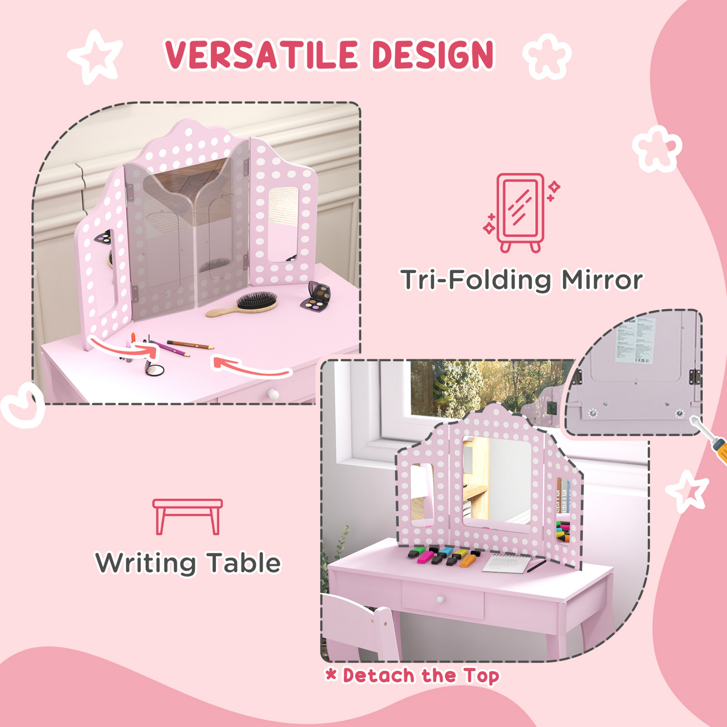 AIYAPLAY Kids Dressing Table Sets with Stool and Tri-Fold Mirror, Drawer for Playroom, Bedroom in Pink