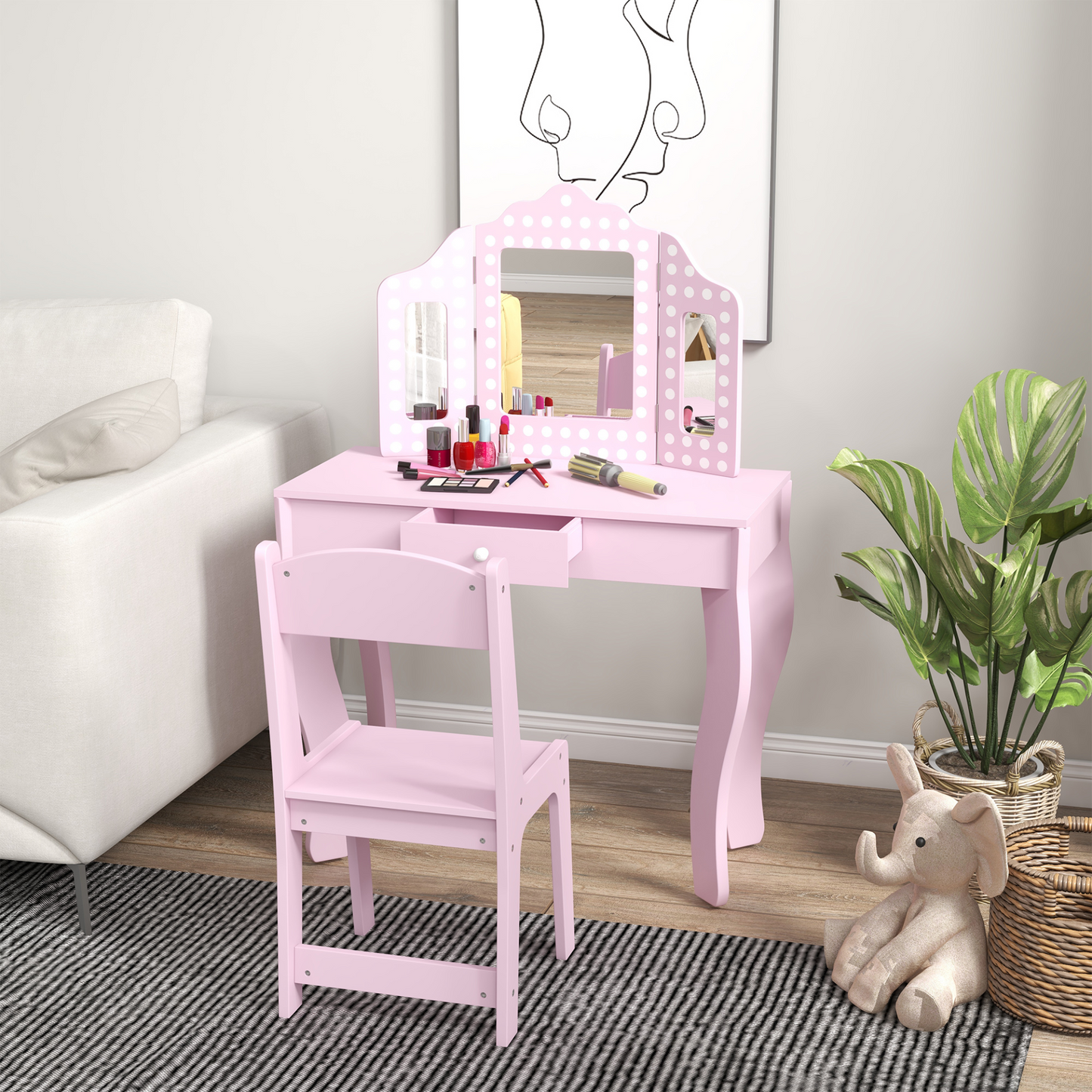 AIYAPLAY Kids Dressing Table Sets with Stool and Tri-Fold Mirror, Drawer for Playroom, Bedroom in Pink