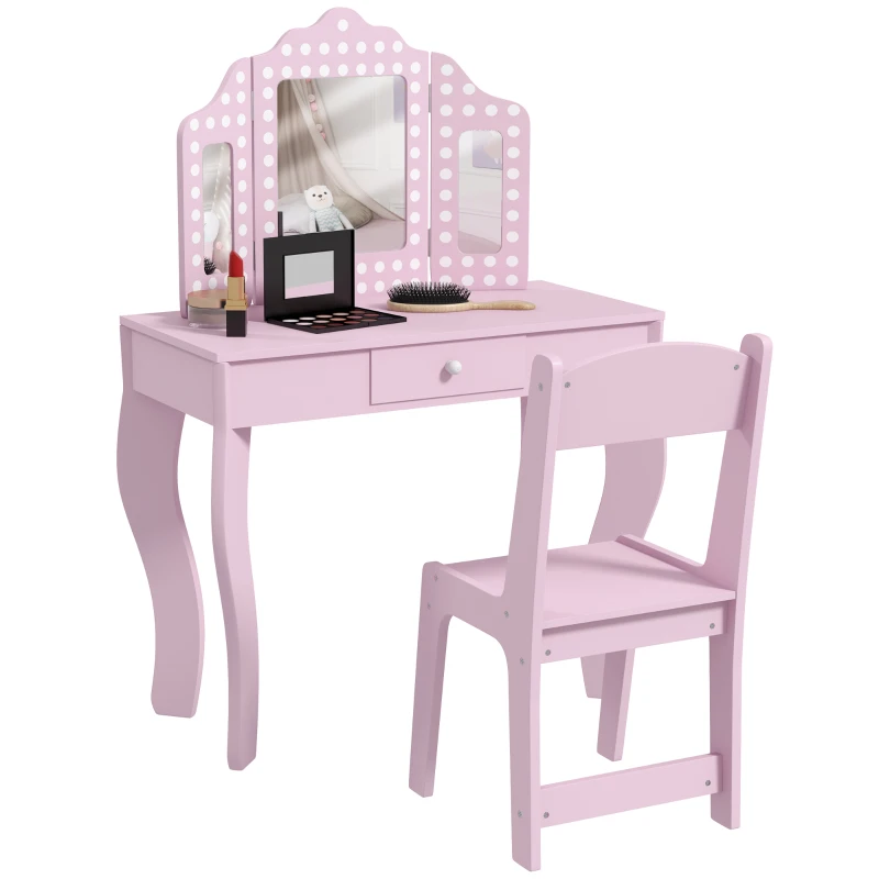 AIYAPLAY Kids Dressing Table Sets with Stool and Tri-Fold Mirror, Drawer for Playroom, Bedroom in Pink