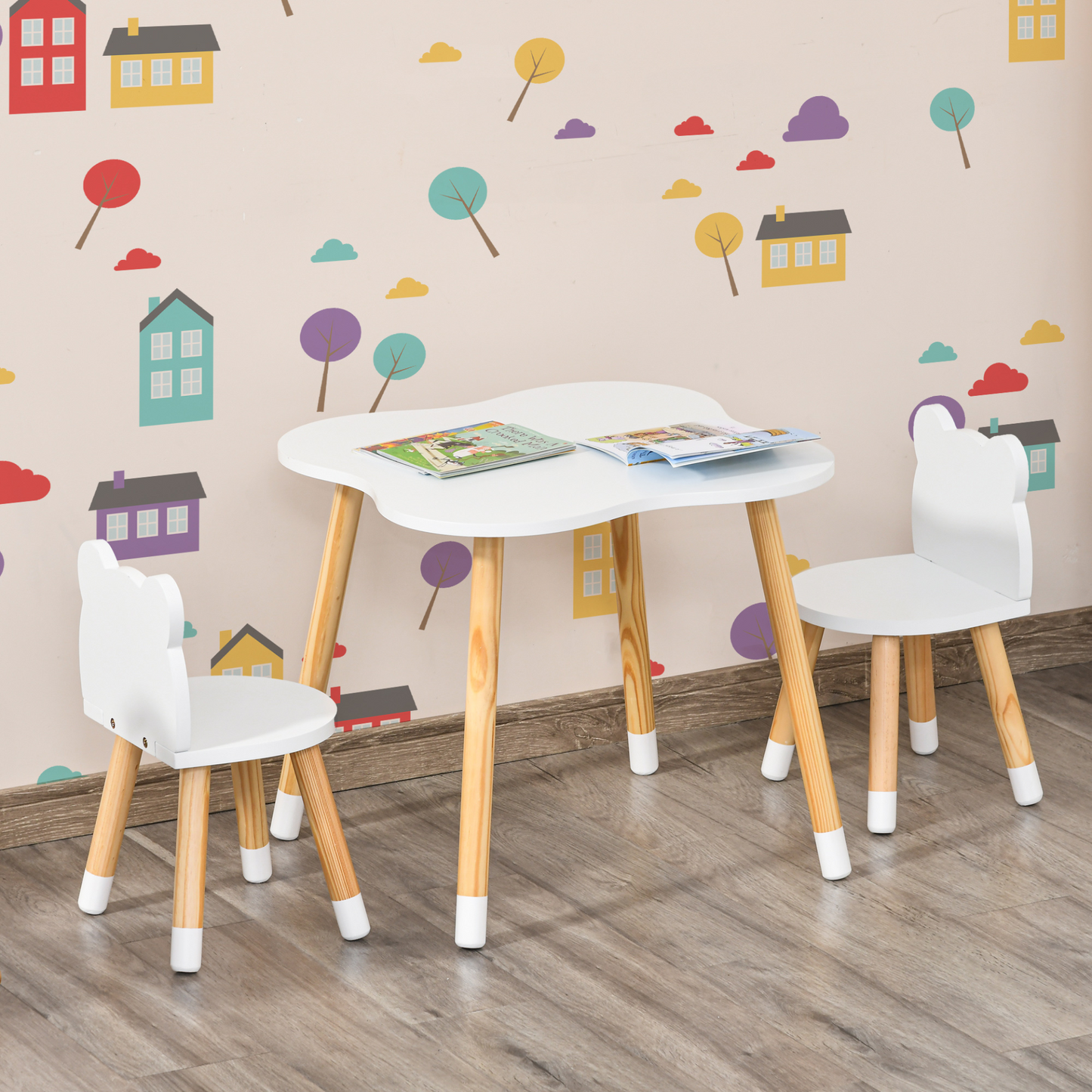 HOMCOM 3 Piece Kids Table and Chair Set with 2 Bear-shaped Chairs in White