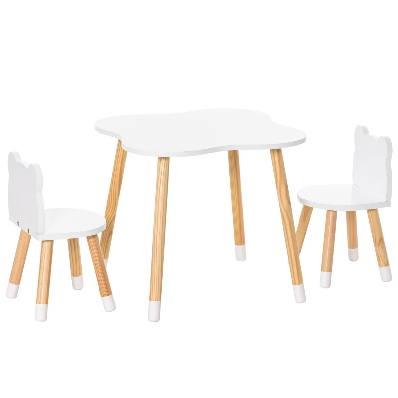 HOMCOM 3 Piece Kids Table and Chair Set with 2 Bear-shaped Chairs in White