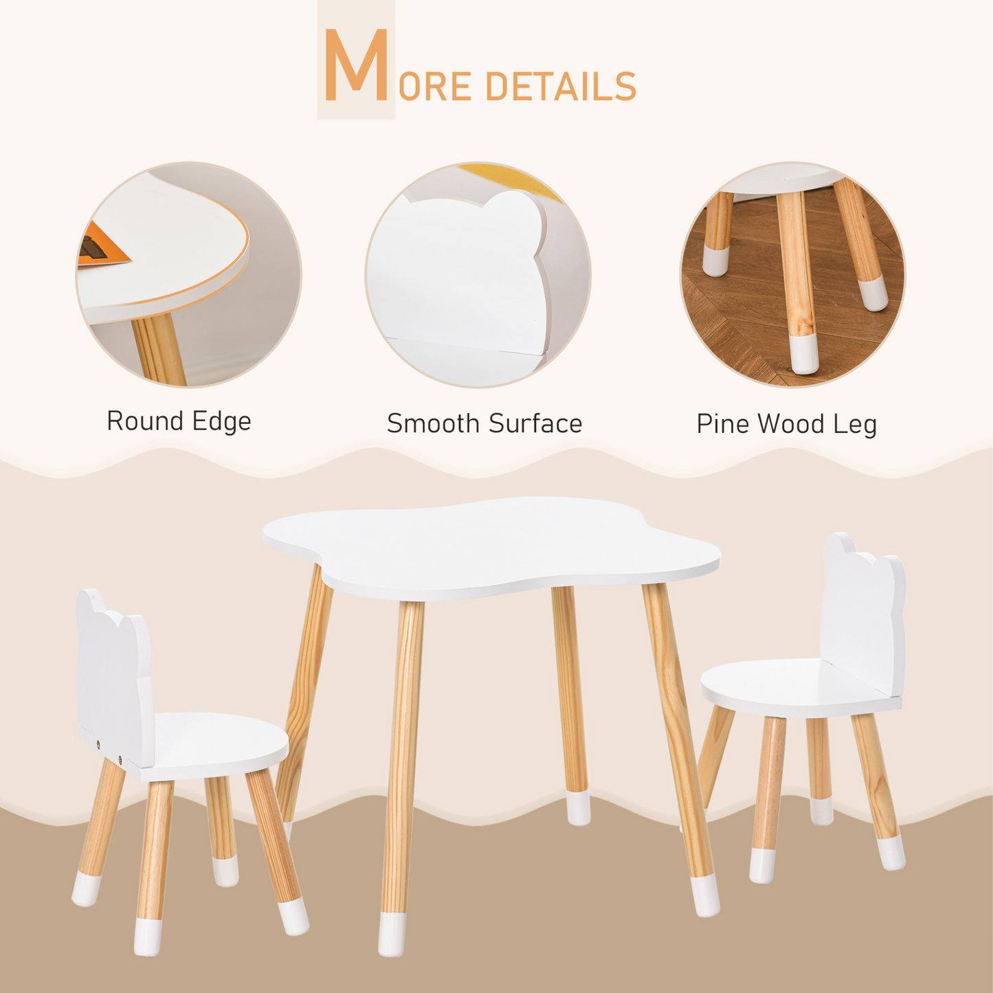 HOMCOM 3 Piece Kids Table and Chair Set with 2 Bear-shaped Chairs in White