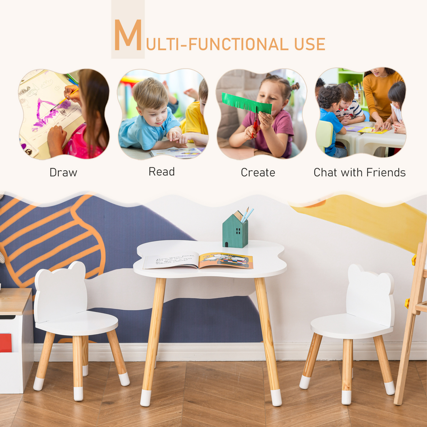 HOMCOM 3 Piece Kids Table and Chair Set with 2 Bear-shaped Chairs in White