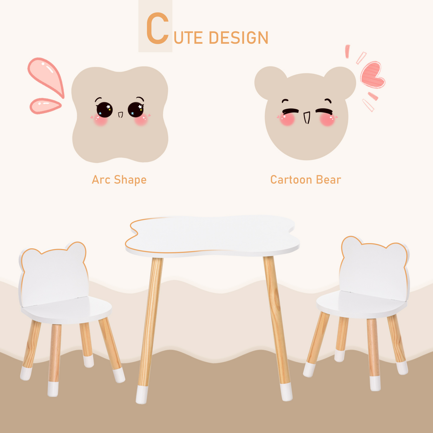 HOMCOM 3 Piece Kids Table and Chair Set with 2 Bear-shaped Chairs in White