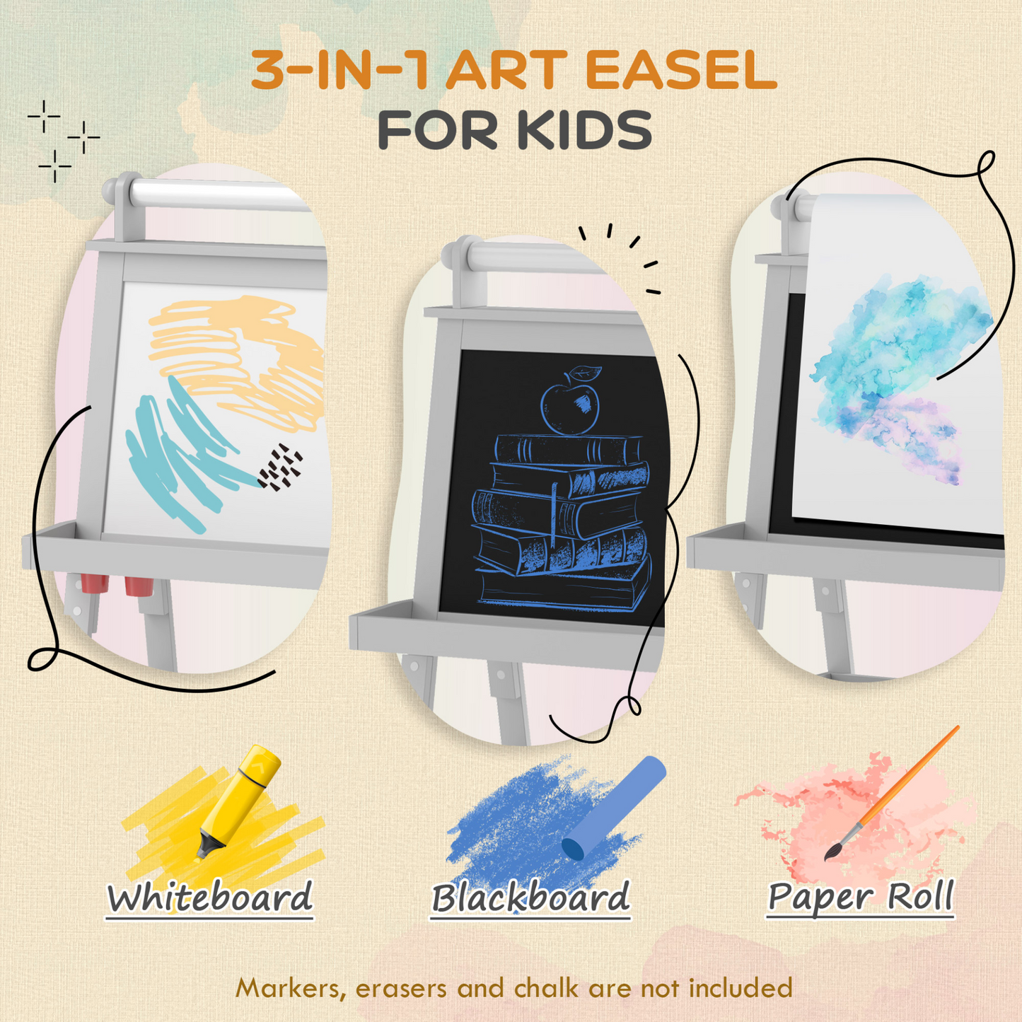 AIYAPLAY 3 in 1 Kids Easel Double-Sided Magnetic Whiteboard and Chalkboard with Paper Roll, Storage Baskets in Grey