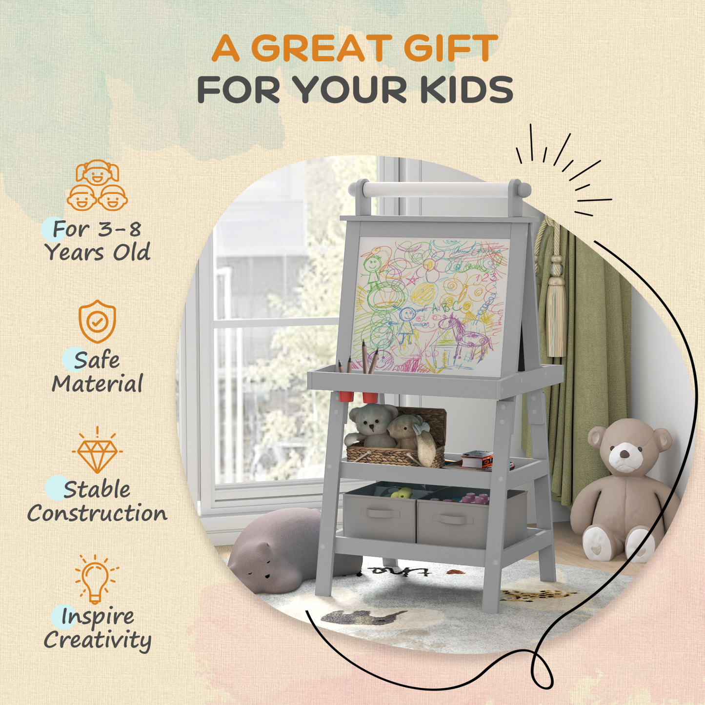 AIYAPLAY 3 in 1 Kids Easel Double-Sided Magnetic Whiteboard and Chalkboard with Paper Roll, Storage Baskets in Grey