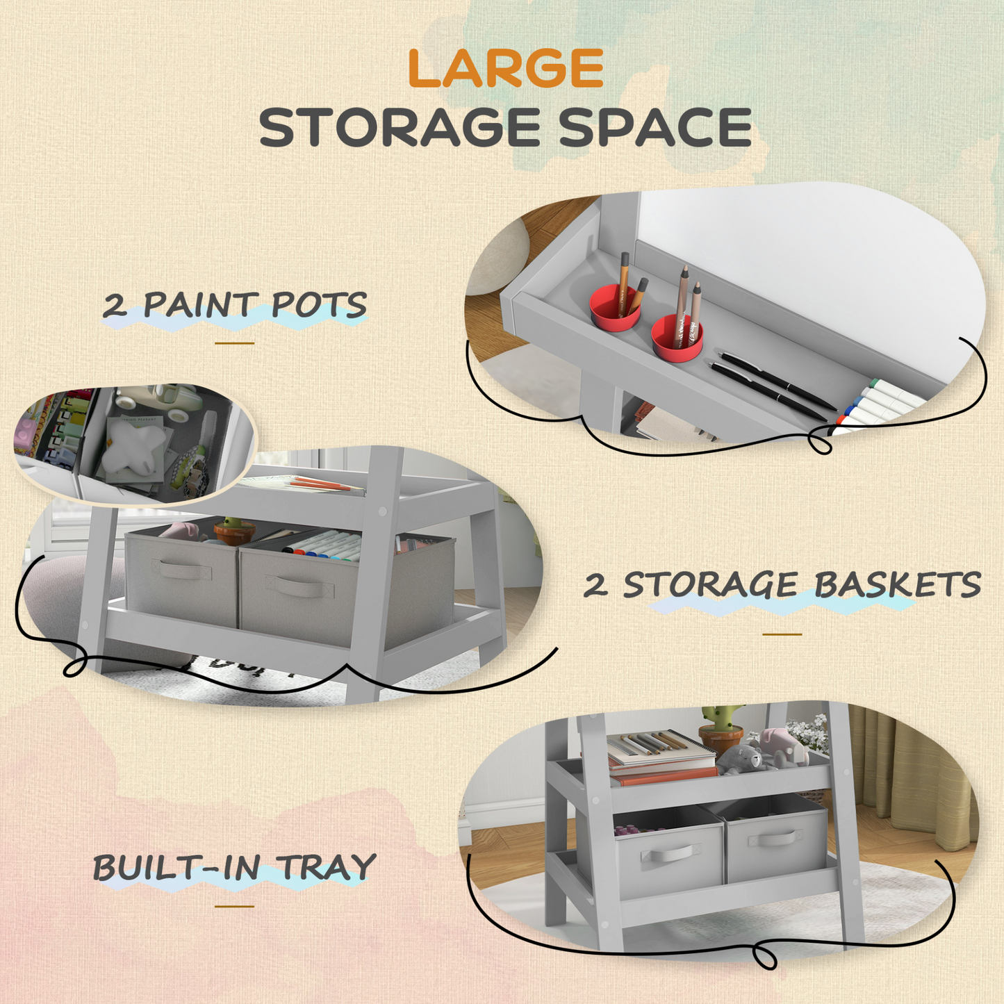 AIYAPLAY 3 in 1 Kids Easel Double-Sided Magnetic Whiteboard and Chalkboard with Paper Roll, Storage Baskets in Grey