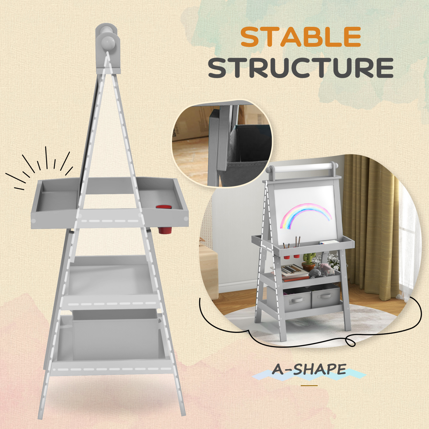 AIYAPLAY 3 in 1 Kids Easel Double-Sided Magnetic Whiteboard and Chalkboard with Paper Roll, Storage Baskets in Grey